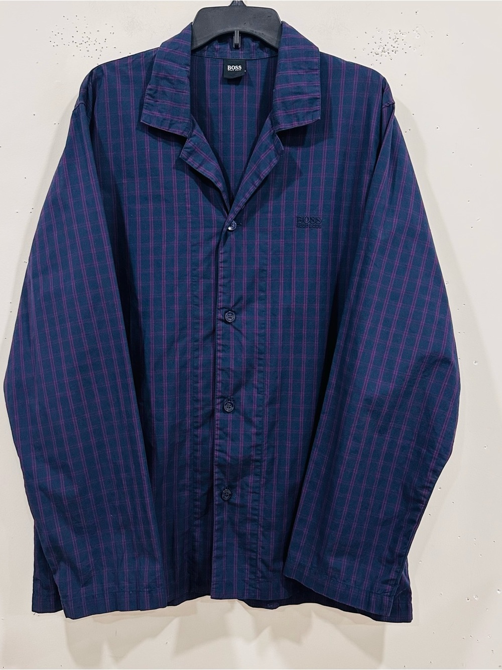BOSS Hugo Boss Men's Pajama Shirt Blue Burgundy Striped Cotton Button Up Size XL
